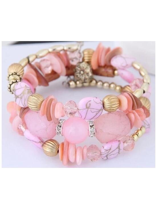 Jewelry - Pink beaded wrap bangle - Bracelet - Gold - CZs